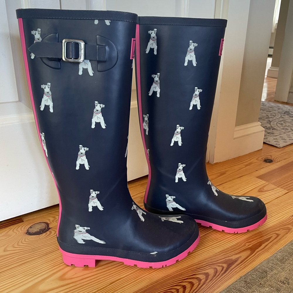 Joules Tall Striped Rain Boots with Pink and Navy Schmaizer Dogs US Size 8
